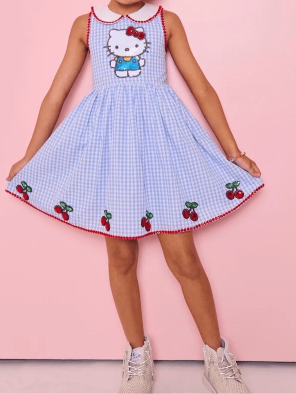 Lola + The Boys Light Blue Gingham Dress with Red Trim and Cherry Appliqués